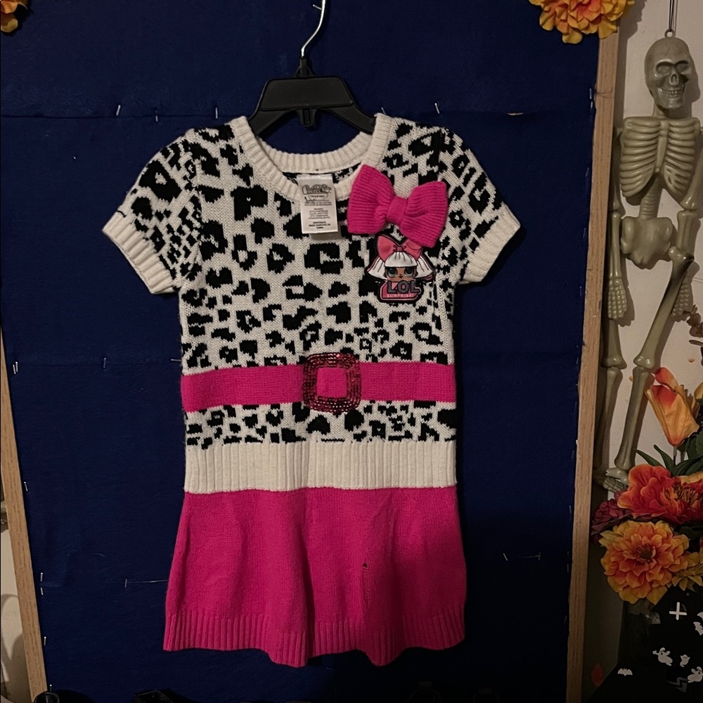 Pink and Black Patterned Dress with Bow